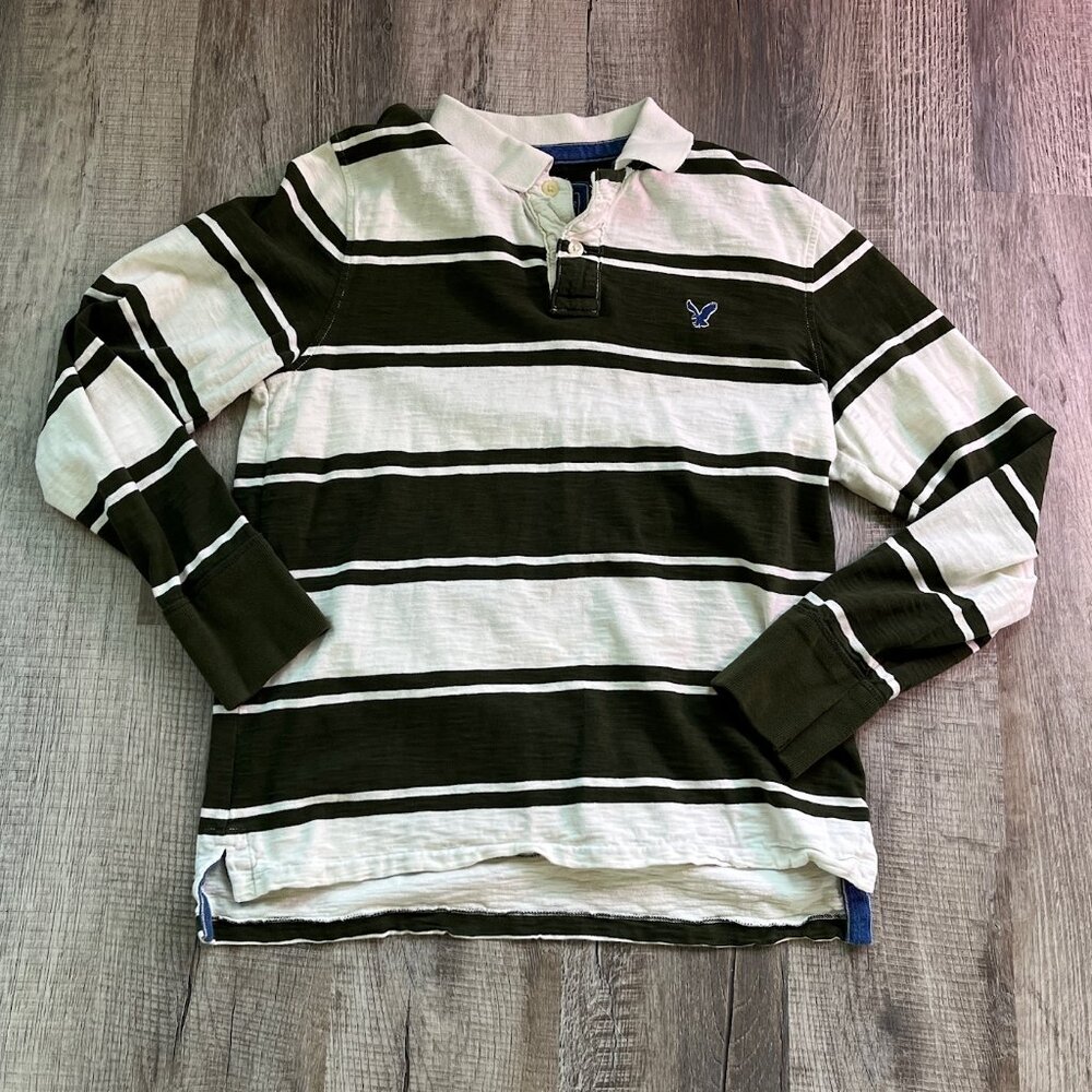 VTG American Eagle Rugby Polo Shirt Mens Large Green Striped Preppy
